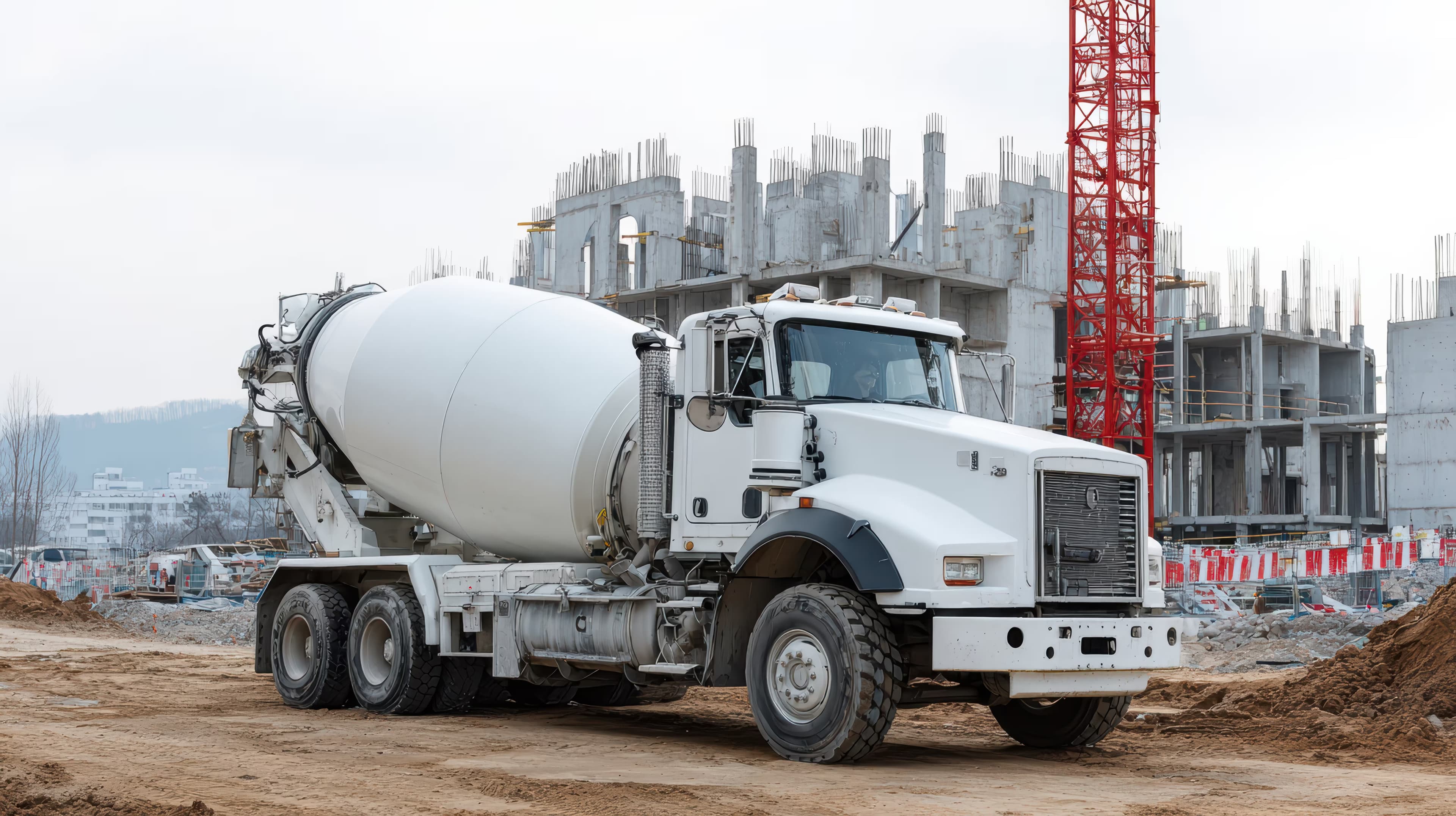White concrete mixer truck working on a construction site